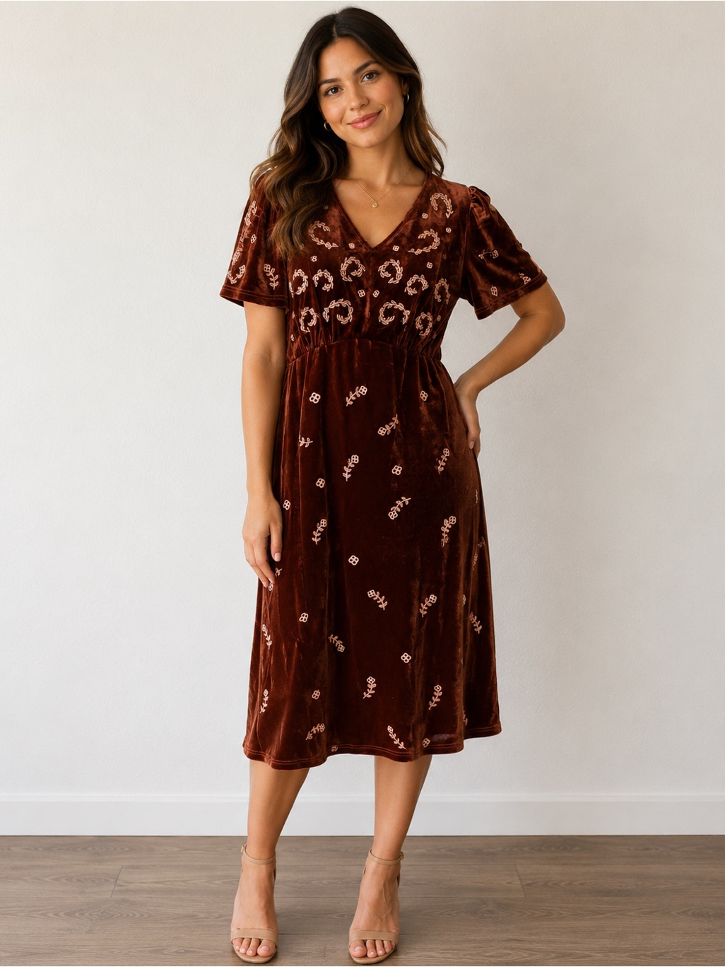 Tea N Rose Nwt The Tyrone Embroidered Dress In Brown Velvet Size L